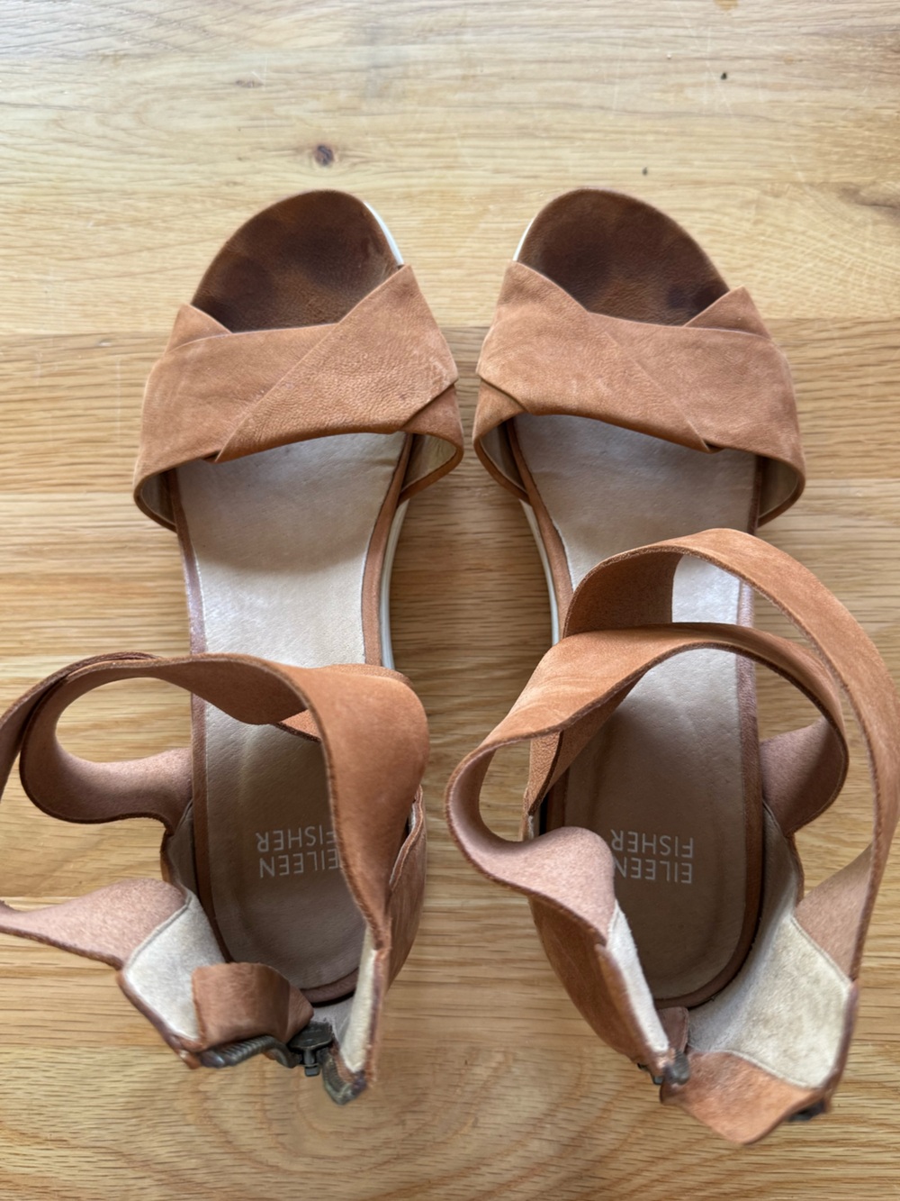 Eileen Fisher Cognac Suede Crisscross Ankle-Strap Sandals, Sz 9.5